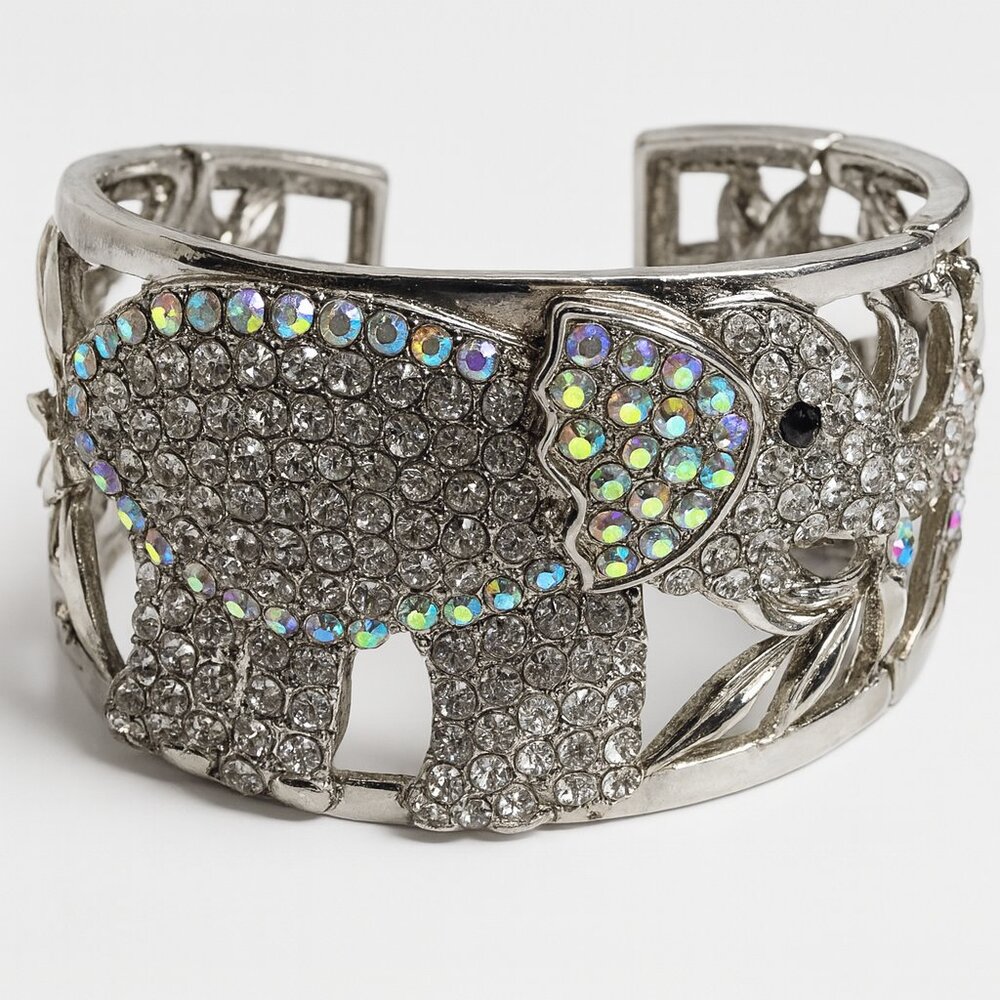 Vintage Sparkling Elephant Cuff Bracelet  AB‎ Rhinestone Statement Piece